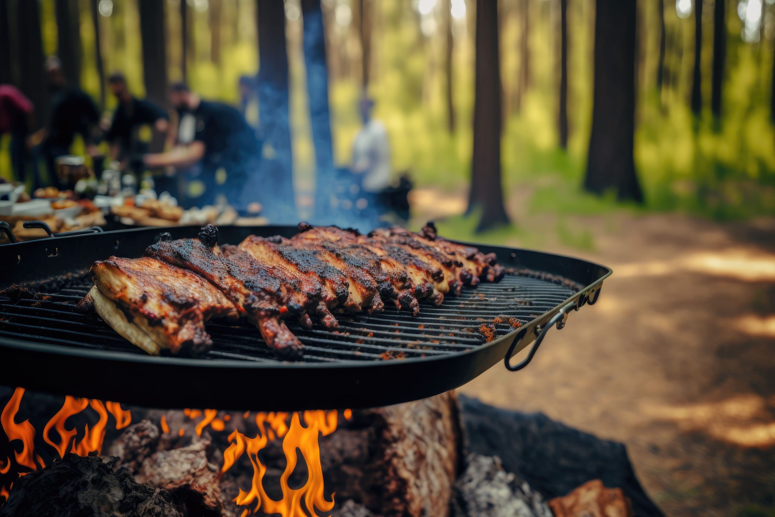 Closeup shot of beef meat grilling on a mesh on fire outdoors in daylight BBQ Roanoke, VA